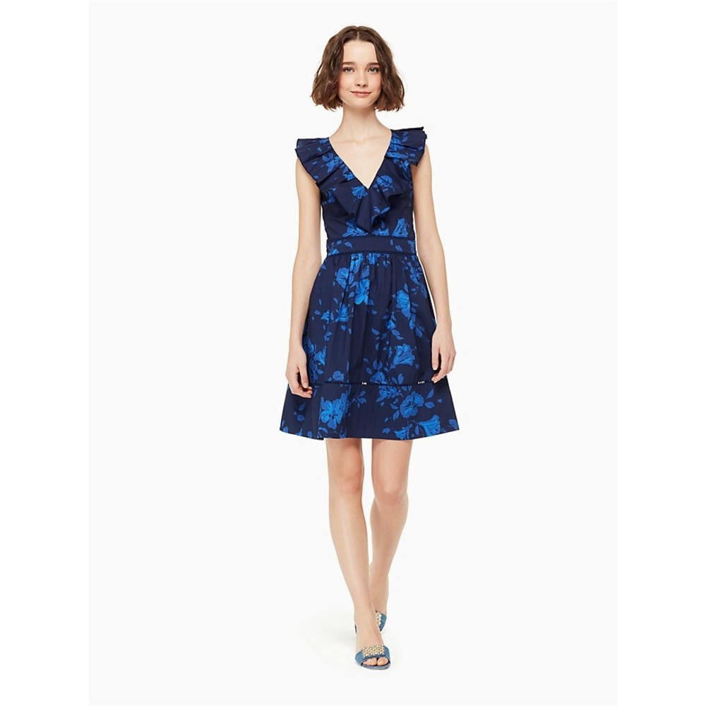 Kate Spade Navy Blue Floral Ruffle V-Neck Cotton Fit Flare Dress NJMU8881 Size 6